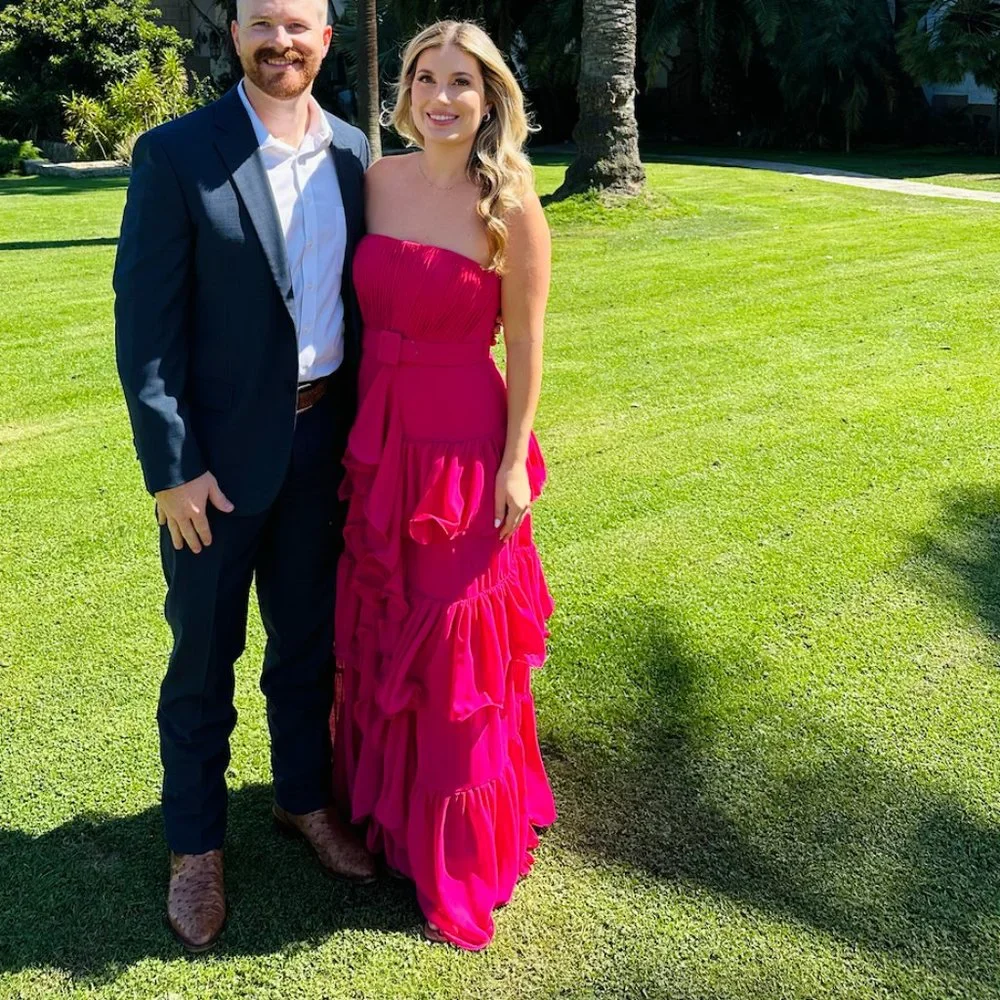 Badgley Mischka Strapless Tiered Ruffle Gown - Pink/Fuschia Size 8 - Picture 5 of 5